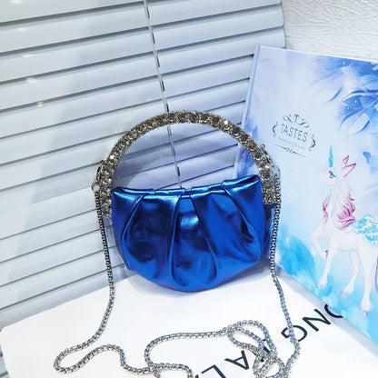 Circular Metal Handle Mini Bag  Glitter Shiny Rhinestone Evening Bag
