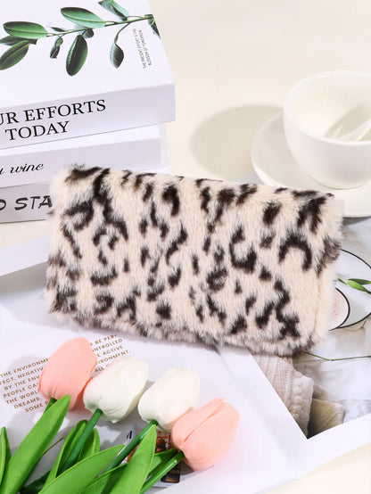 Plush Coin Purse, Stylish Leopard Print Long Wallet, Portable For Daily