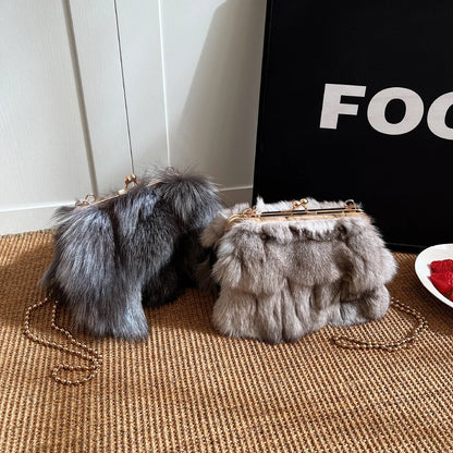 Soft Plush Evening Bags For Elegant Women Fox Fur Dinner Party Clutch