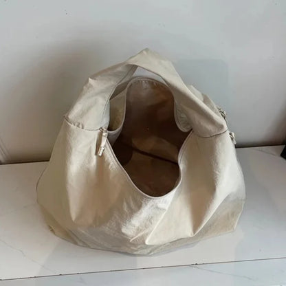 Chic Solid Color Nylon Tote Bag with Multiple Zipper Pockets, Large Capacity Casual Shoulder Bag