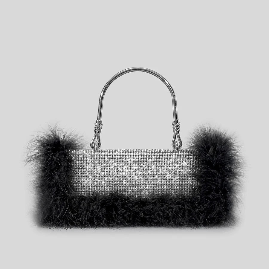 Ostrich Feathers Diamonds Evening Bags Rhinestone Women Handbag Faux Fur Shoulder Crossbody Bag