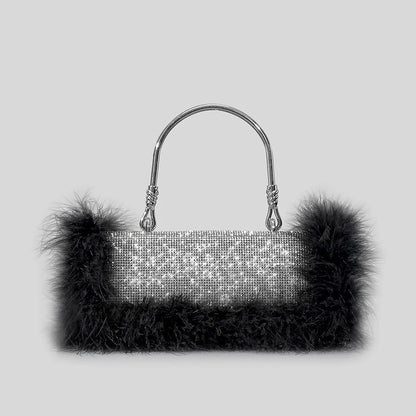 Ostrich Feathers Diamonds Evening Bags Rhinestone Women Handbag Faux Fur Shoulder Crossbody Bag