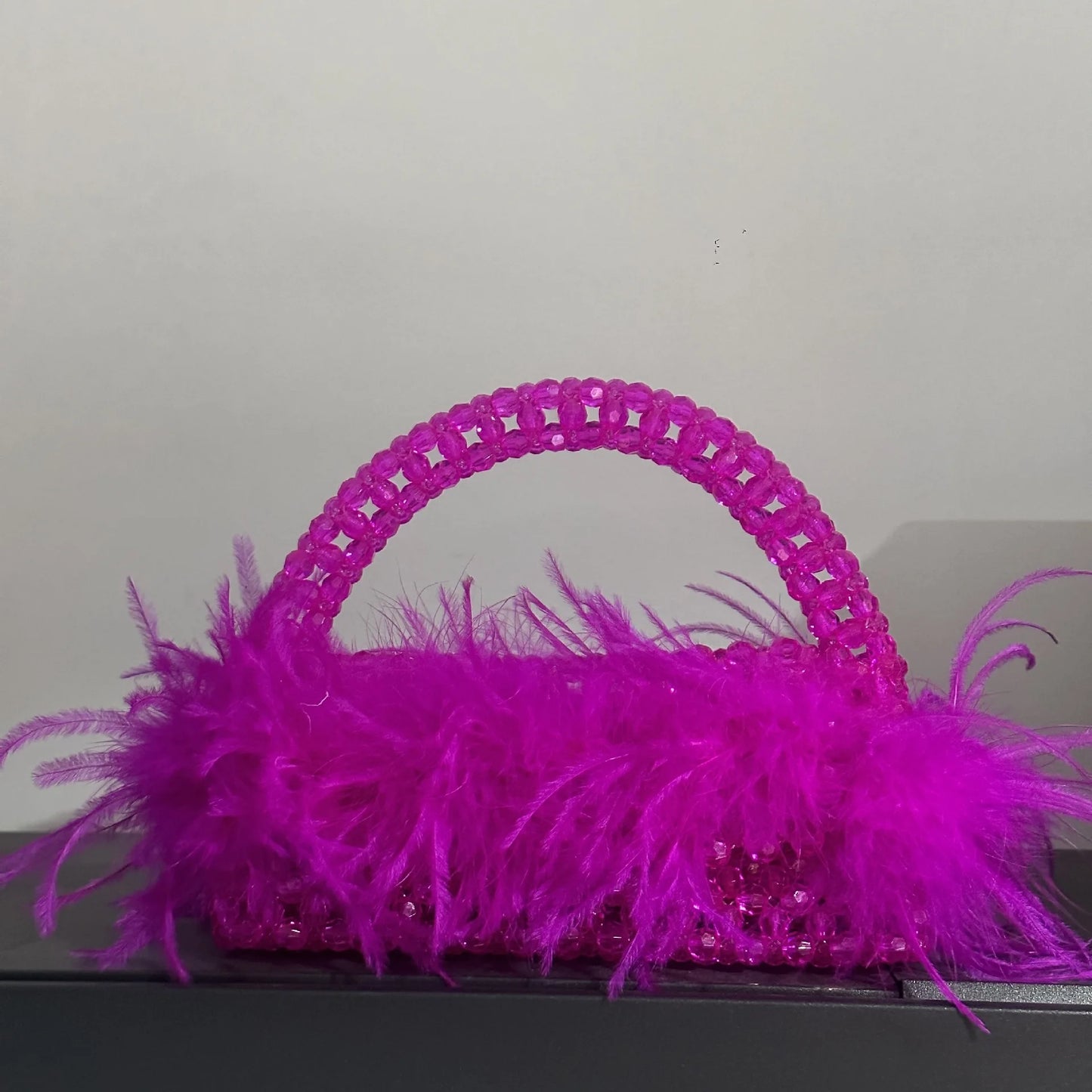 Handmade Ostrich Hair Beaded Bag Clear Acrylic Crystal Stone Box Handbag