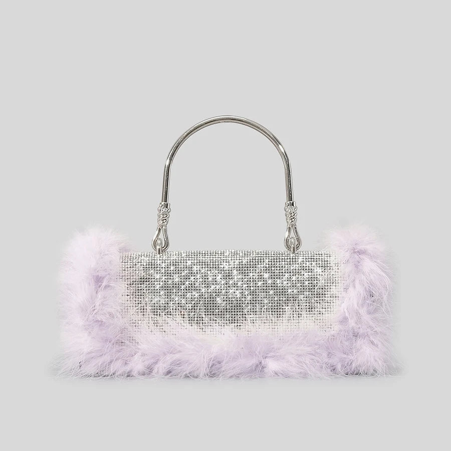 Ostrich Feathers Diamonds Evening Bags Rhinestone Women Handbag Faux Fur Shoulder Crossbody Bag