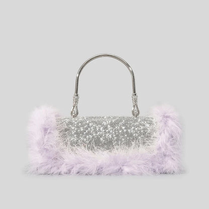 Ostrich Feathers Diamonds Evening Bags Rhinestone Women Handbag Faux Fur Shoulder Crossbody Bag
