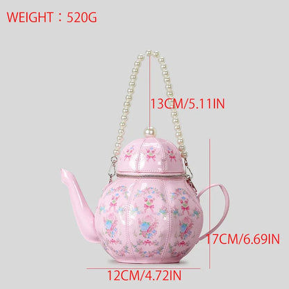 Creative Vintage Printed Teapot Design Women Handbags Pearls Chains Shoulder Bag