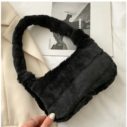 Fluffy Totes Soft Plush Underarm Bag Solid Color Purse Autumn Winter Handbag