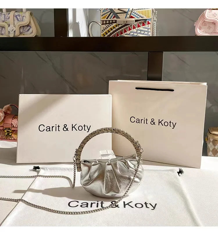 Circular Metal Handle Mini Bag  Glitter Shiny Rhinestone Evening Bag