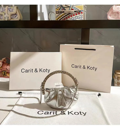 Circular Metal Handle Mini Bag  Glitter Shiny Rhinestone Evening Bag