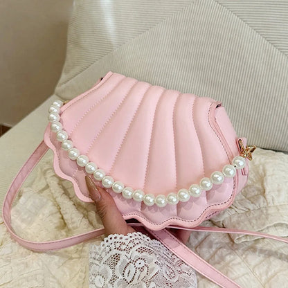 Cute Shell Shoulder Bag Minimalist with Pearls Design PU Leather Pearl Decorated Handbag for Women