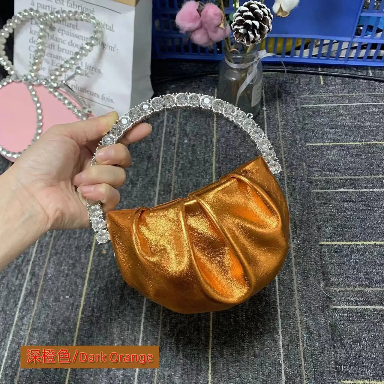 Circular Metal Handle Mini Bag  Glitter Shiny Rhinestone Evening Bag