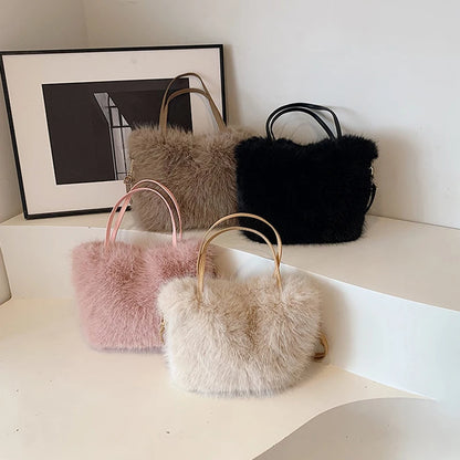 Furry Handbag Pearl Chain Plush Small Square Elegant Shoulder Autumn Winter Versatile Crossbody Bag