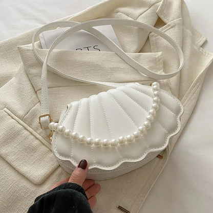 Cute Shell Shoulder Bag Minimalist with Pearls Design PU Leather Pearl Decorated Handbag for Women