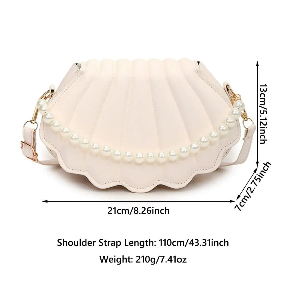 Cute Shell Shoulder Bag Minimalist with Pearls Design PU Leather Pearl Decorated Handbag for Women