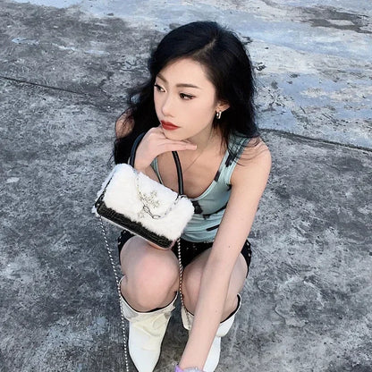 Y2k Gothic Handbag for Women Soft Plush Cross  Applique Chain Shoulder Bag