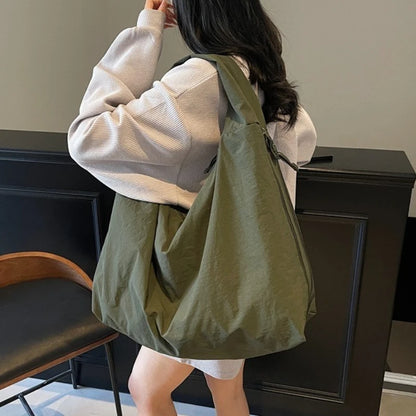 Chic Solid Color Nylon Tote Bag with Multiple Zipper Pockets, Large Capacity Casual Shoulder Bag