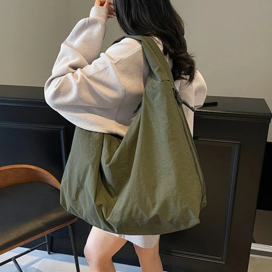 Chic Solid Color Nylon Tote Bag with Multiple Zipper Pockets, Large Capacity Casual Shoulder Bag