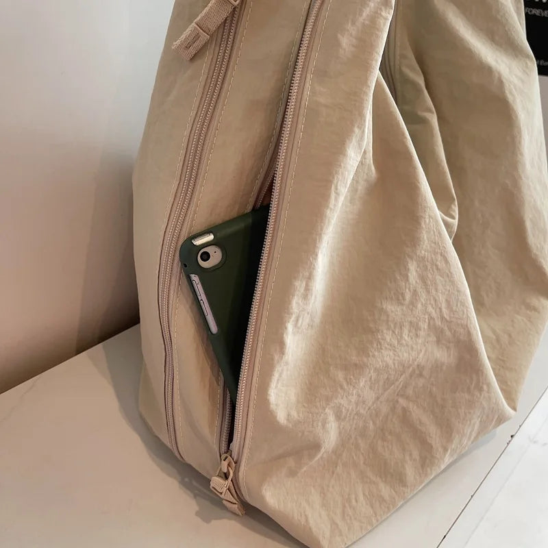 Chic Solid Color Nylon Tote Bag with Multiple Zipper Pockets, Large Capacity Casual Shoulder Bag