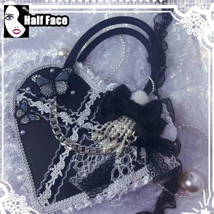 Y2K Girls Harajuku Womens Gothic Steam Punk One Shoulder Subculture Underarm Black Lolita Pearl Chain  Bag