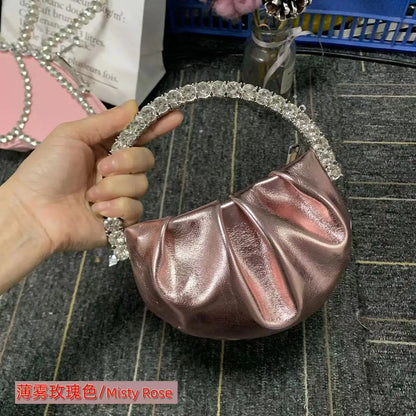 Circular Metal Handle Mini Bag  Glitter Shiny Rhinestone Evening Bag