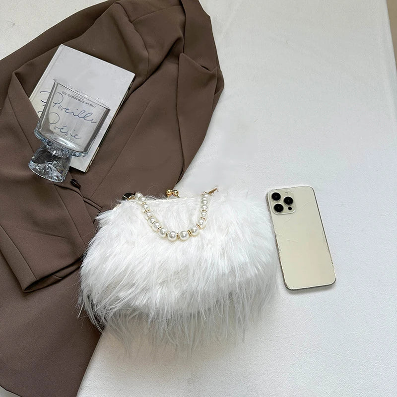 Furry Crossbody Bag with Pearl Handle Chain Plush Shoulder Bags for Women