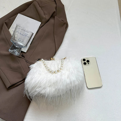 Furry Crossbody Bag with Pearl Handle Chain Plush Shoulder Bags for Women