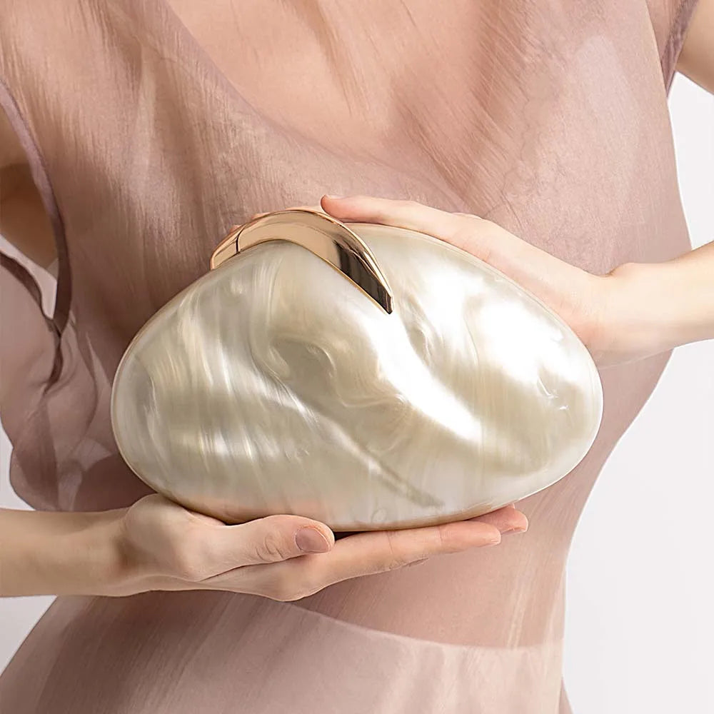 Flower Oval Egg Shell Acrylic Pearl Beige Frame Purse Women Wedding Evening Party  Ivory Handbag Mini Beach Bags