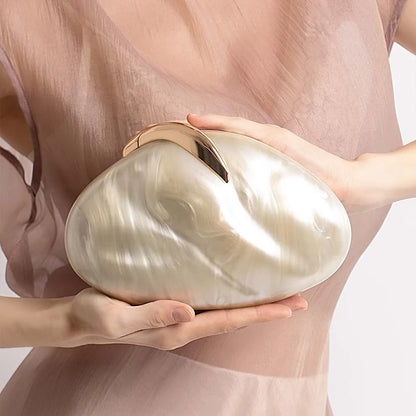 Flower Oval Egg Shell Acrylic Pearl Beige Frame Purse Women Wedding Evening Party  Ivory Handbag Mini Beach Bags