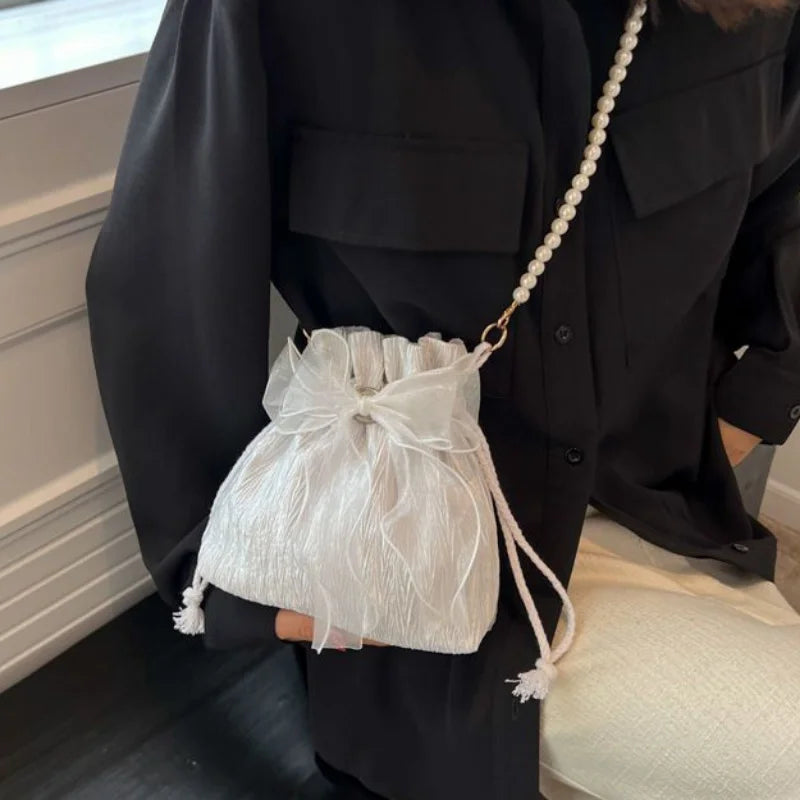 Crossbody Bag with Faux Pearl Chain - Versatile Bucket Shoulder Purse for Women