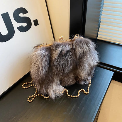 Soft Plush Evening Bags For Elegant Women Fox Fur Dinner Party Clutch