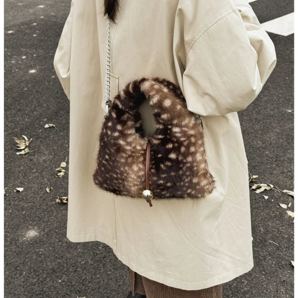 Fluffy Deer Pattern Shoulder Faux Fur Bags for Women