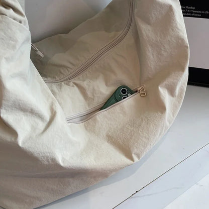 Chic Solid Color Nylon Tote Bag with Multiple Zipper Pockets, Large Capacity Casual Shoulder Bag