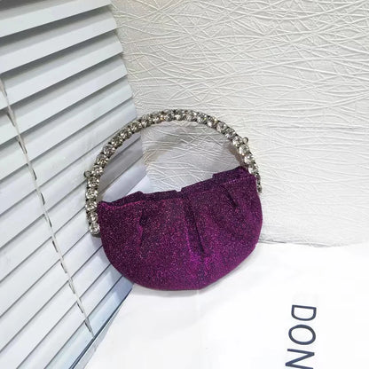 Circular Metal Handle Mini Bag  Glitter Shiny Rhinestone Evening Bag
