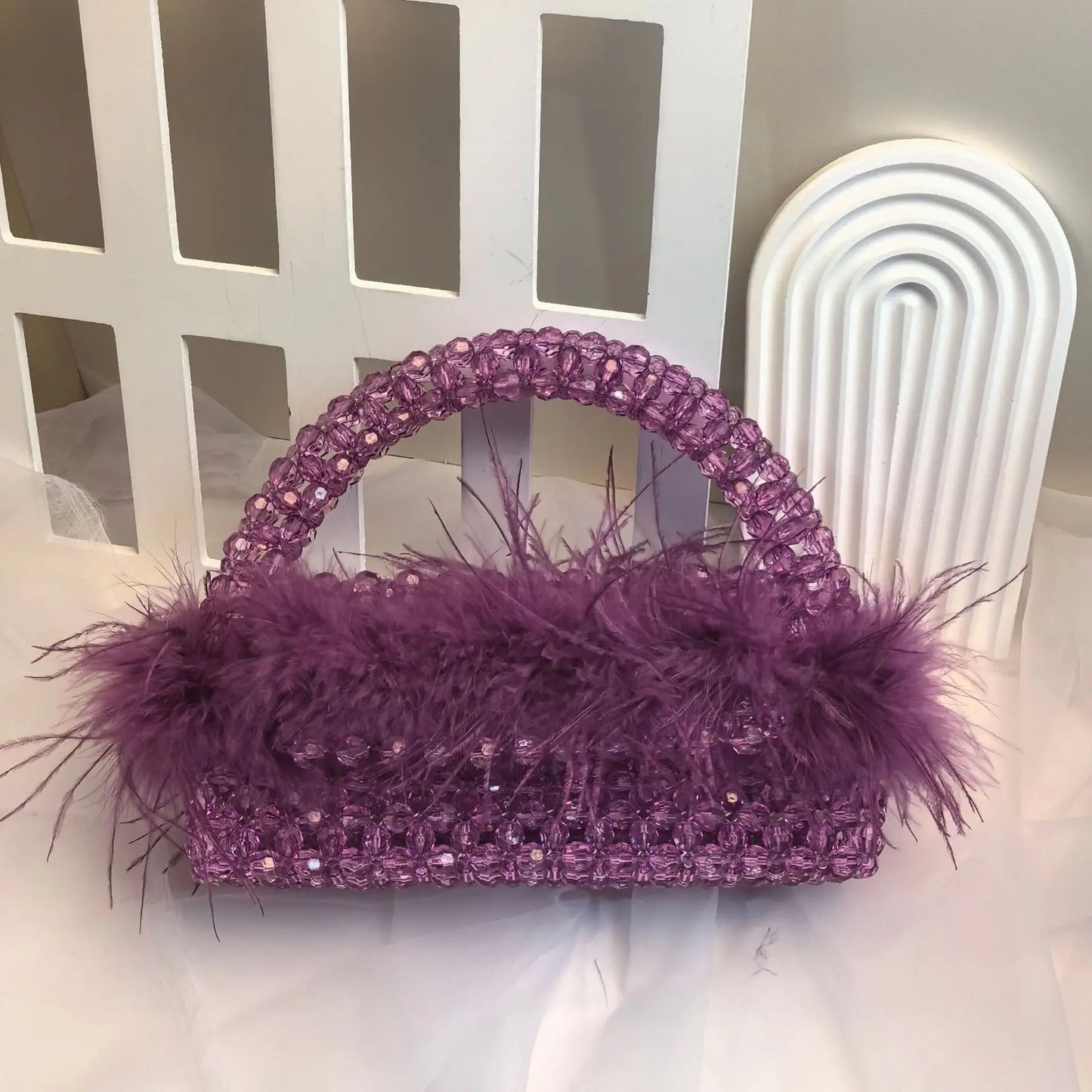 Handmade Ostrich Hair Beaded Bag Clear Acrylic Crystal Stone Box Handbag