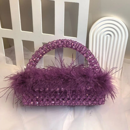 Handmade Ostrich Hair Beaded Bag Clear Acrylic Crystal Stone Box Handbag
