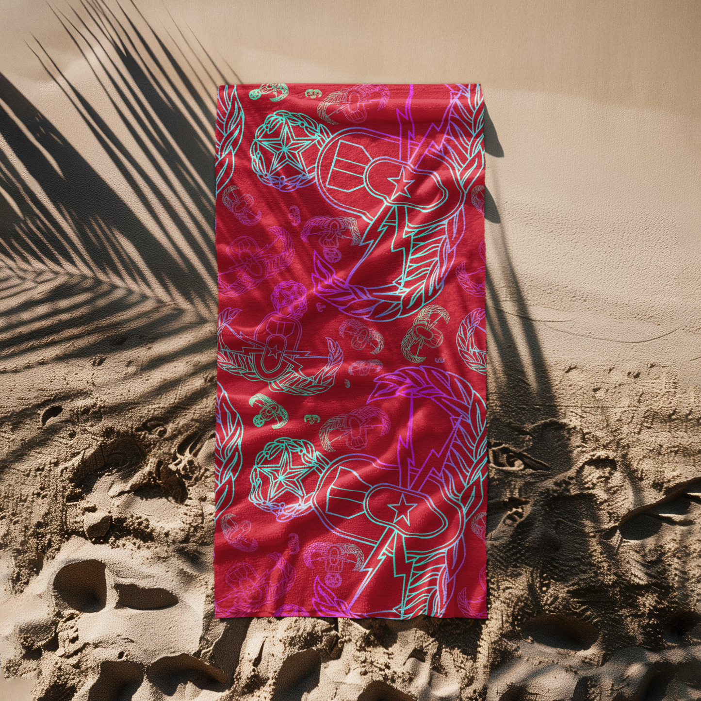 Print On Demand  - Beach Towel - "EOD Mixed Badges" (Multicolor on Red)